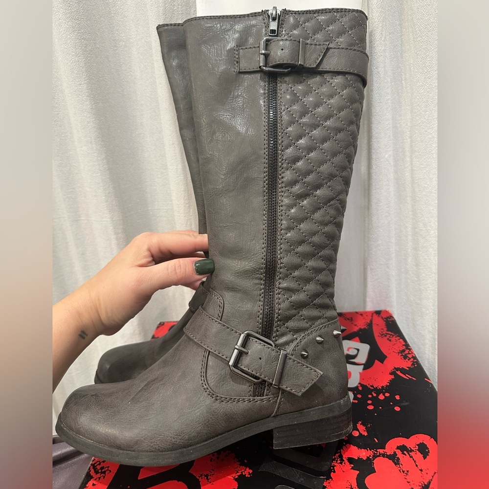 Tall gray quilted and studded boots
